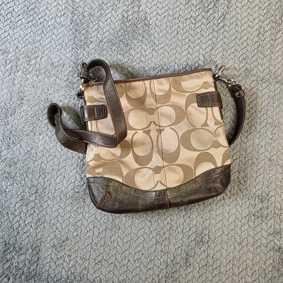 Coach Signature C Canvas Leather Trim Crossbody Shoulder Bag Brown Chain - Picture 10 of 12